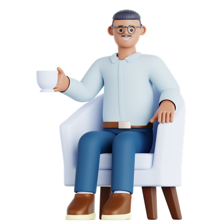 Hombre con taza de bebida sentado en el sofá  3D Illustration