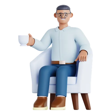 Hombre con taza de bebida sentado en el sofá  3D Illustration