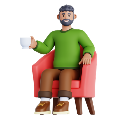 Hombre con taza de bebida sentado en el sofá  3D Illustration