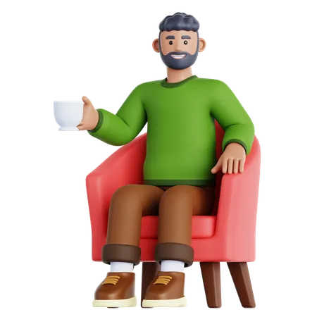 Hombre con taza de bebida sentado en el sofá  3D Illustration