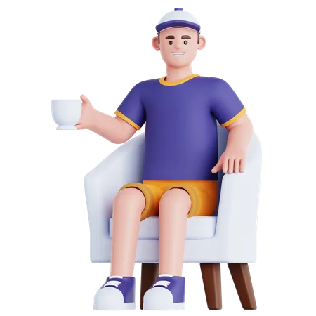 Hombre con taza de bebida sentado en el sofá  3D Illustration