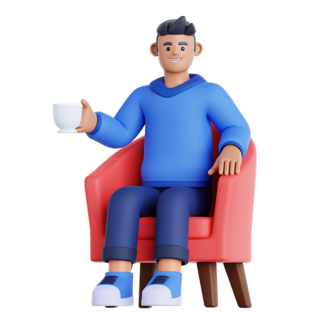 Hombre con taza de bebida sentado en el sofá  3D Illustration