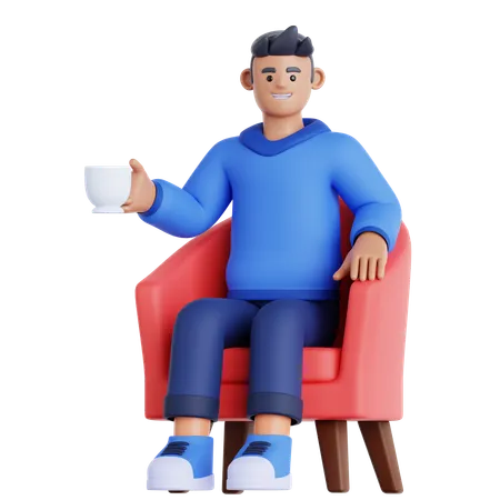 Hombre con taza de bebida sentado en el sofá  3D Illustration