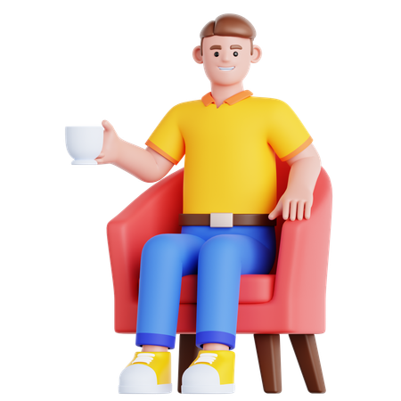 Hombre con taza de bebida sentado en el sofá  3D Illustration