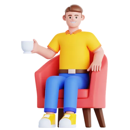 Hombre con taza de bebida sentado en el sofá  3D Illustration