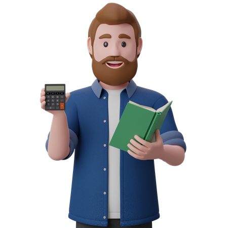 Hombre con una calculadora y un libro en sus manos  3D Illustration