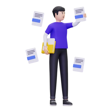 Hombre con varios formatos de archivo.  3D Illustration