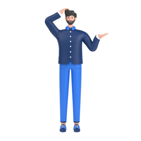Hombre confundido palma abierta mostrando espacio de copia y sosteniendo la mano en la cabeza  3D Illustration