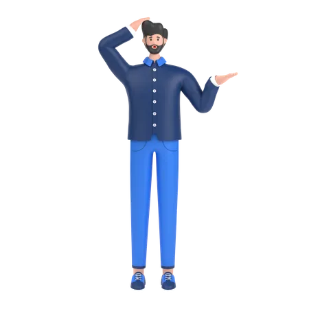 Hombre confundido palma abierta mostrando espacio de copia y sosteniendo la mano en la cabeza  3D Illustration