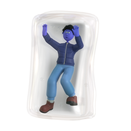 Hombre congelado en cubo de hielo  3D Illustration