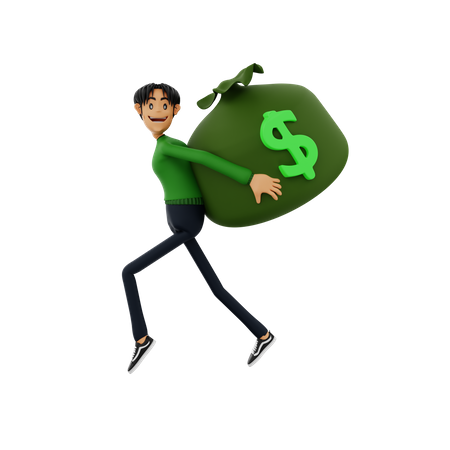 Hombre corriendo con bolsa de dinero  3D Illustration