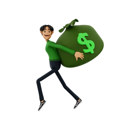 Hombre corriendo con bolsa de dinero  3D Illustration