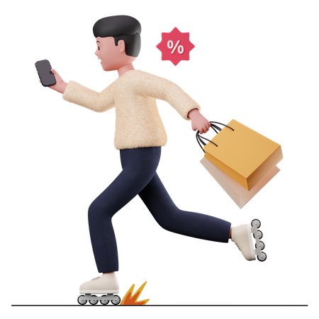 Hombre corriendo de compras con bolsa de compras  3D Icon