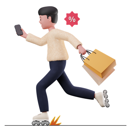 Hombre corriendo de compras con bolsa de compras  3D Illustration
