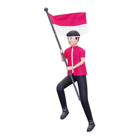 Hombre corriendo mientras portaba la bandera de Indonesia  3D Icon