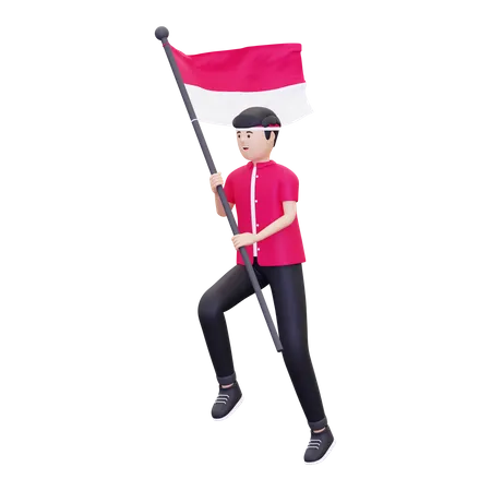 Hombre corriendo mientras portaba la bandera de Indonesia  3D Icon