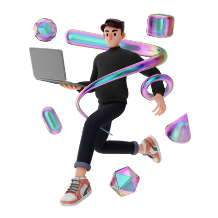 Hombre corriendo mientras sostiene la computadora portátil  3D Icon