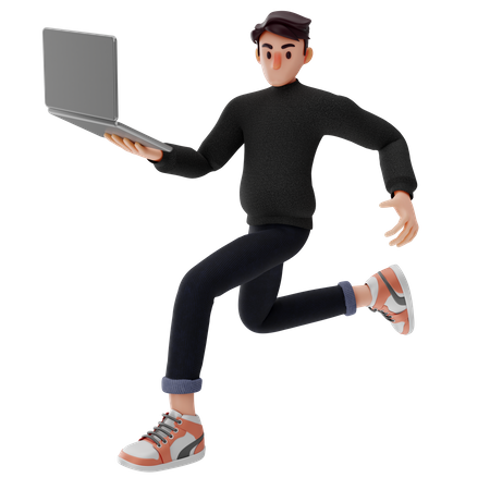 Hombre corriendo mientras sostiene la computadora portátil  3D Icon