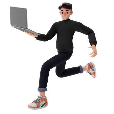 Hombre corriendo mientras sostiene la computadora portátil  3D Illustration