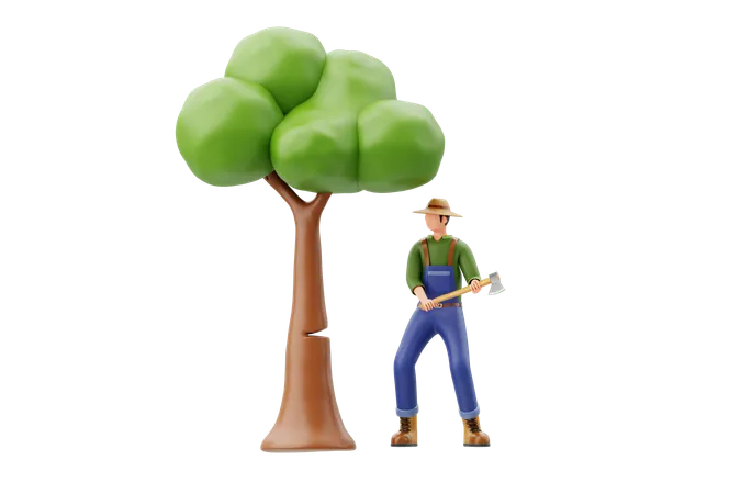 Hombre cortando arbol  3D Illustration