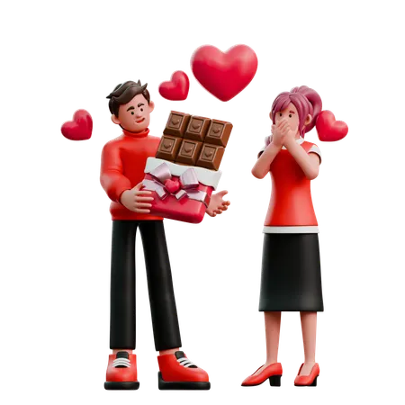 Hombre dándole chocolate a una mujer  3D Illustration