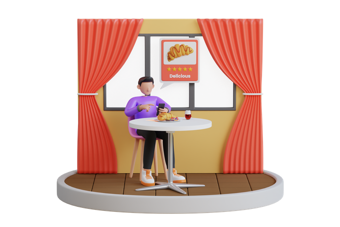 Hombre dando una reseña de cinco estrellas por el servicio de restaurante.  3D Illustration