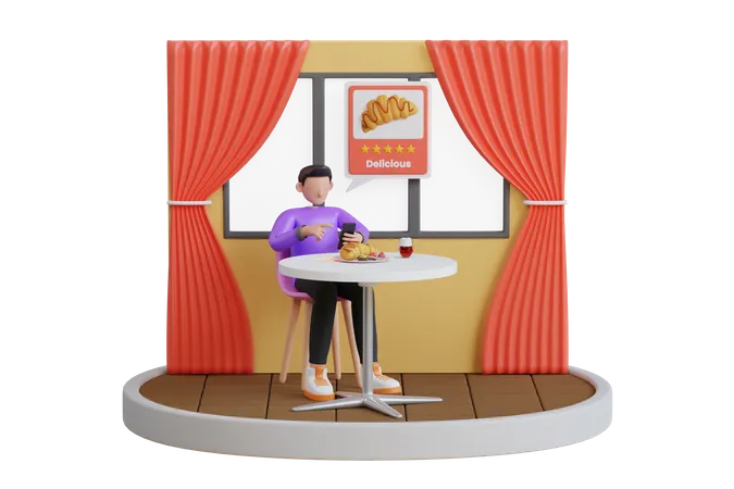 Hombre dando una reseña de cinco estrellas por el servicio de restaurante.  3D Illustration