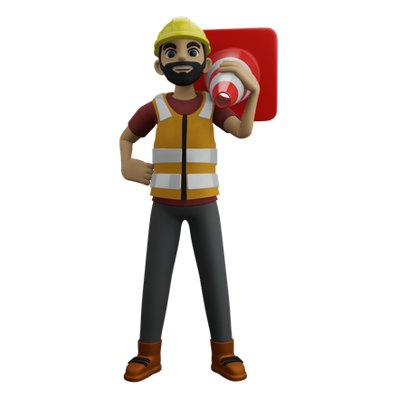 Hombre de construcción sosteniendo un cono de seguridad  3D Icon