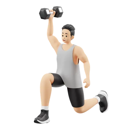 Hombre de gimnasio haciendo calentamiento con mancuernas  3D Illustration