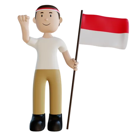 Hombre indonesio de pie llevando una bandera  3D Illustration