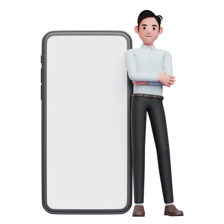 Empresario con camisa azul apoyado en el teléfono  3D Illustration