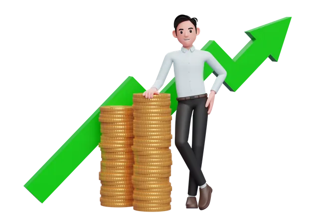 Hombre de negocios con camisa azul apoyado en un montón de monedas de oro con un creciente adorno de estadísticas en la parte posterior  3D Illustration