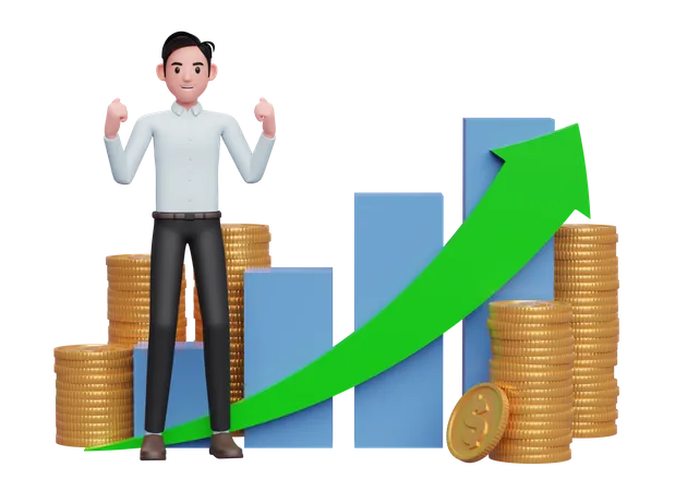 Hombre de negocios con camisa azul celebrando con los puños cerrados frente a un gráfico de barras de crecimiento positivo con adorno de monedas  3D Illustration