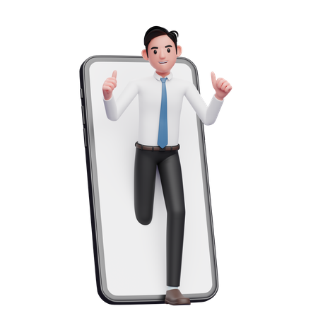 Un hombre de negocios con camisa blanca aparece desde el interior de la pantalla del teléfono mientras levanta el pulgar  3D Illustration