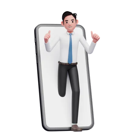 Un hombre de negocios con camisa blanca aparece desde el interior de la pantalla del teléfono mientras levanta el pulgar  3D Illustration