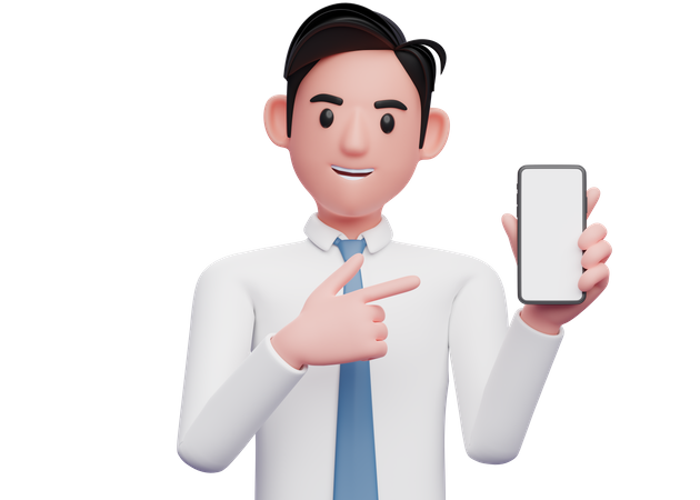 Hombre de negocios con camisa blanca apuntando con el dedo al teléfono celular en la mano  3D Icon