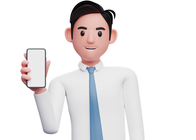 Hombre de negocios con camisa blanca sosteniendo un teléfono celular mientras inclina su cuerpo  3D Illustration