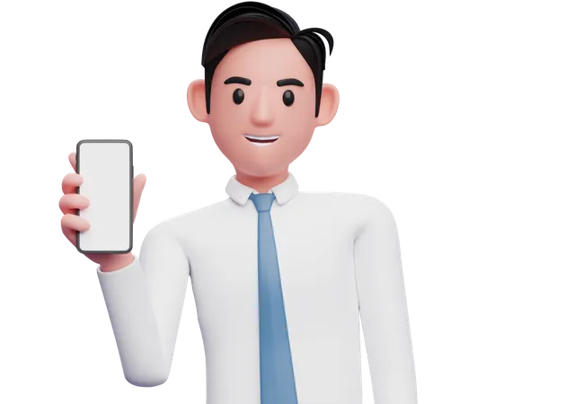 Hombre de negocios con camisa blanca sosteniendo un teléfono celular mientras inclina su cuerpo  3D Illustration