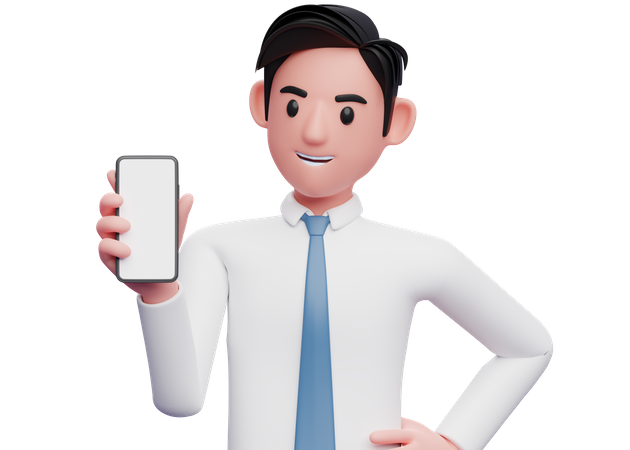 Empresario con camisa blanca sosteniendo y mirando el teléfono con la mano izquierda en la cintura  3D Illustration
