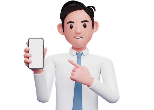 Hombre de negocios con camisa blanca y corbata azul apuntando con el teléfono celular en la mano  3D Icon