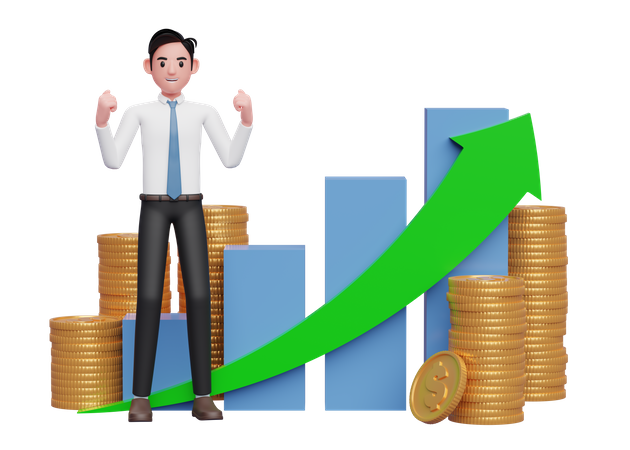 Hombre de negocios con camisa blanca y corbata azul celebrando con los puños cerrados frente a un gráfico de barras de crecimiento positivo con adorno de monedas  3D Illustration