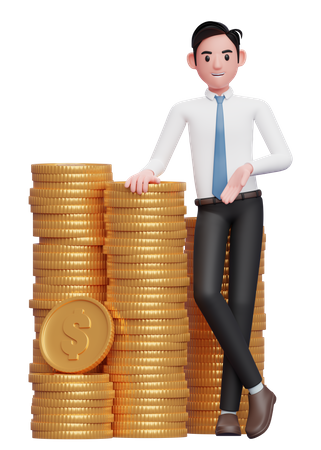 Hombre de negocios con camisa blanca y corbata azul de pie con las piernas cruzadas y apoyado en un montón de monedas  3D Illustration