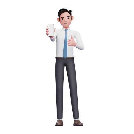 Hombre de negocios con camisa blanca y corbata azul levanta el pulgar y muestra la pantalla del teléfono  3D Illustration