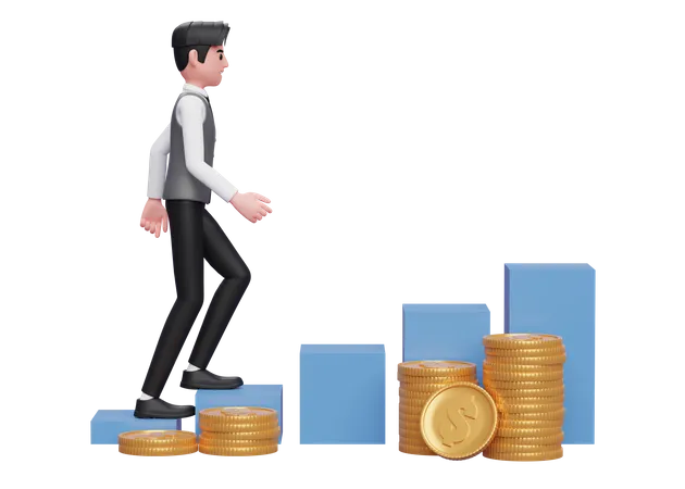 Hombre de negocios con chaleco gris caminando sobre un gráfico de acciones con adorno de pila de monedas de oro  3D Illustration