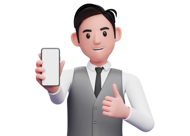 Hombre de negocios con chaleco gris de oficina levanta el pulgar y muestra la pantalla del teléfono a la cámara =  3D Illustration