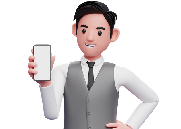 Empresario con chaleco gris de oficina sosteniendo y mirando el teléfono y la mano izquierda en la cintura  3D Illustration
