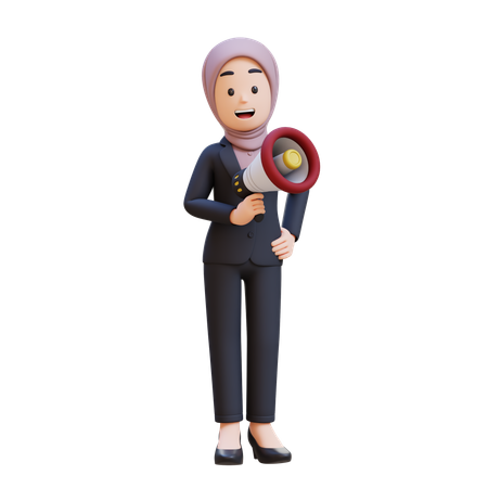 Hombre de negocios con hiyab sosteniendo un megáfono con entusiasmo  3D Icon