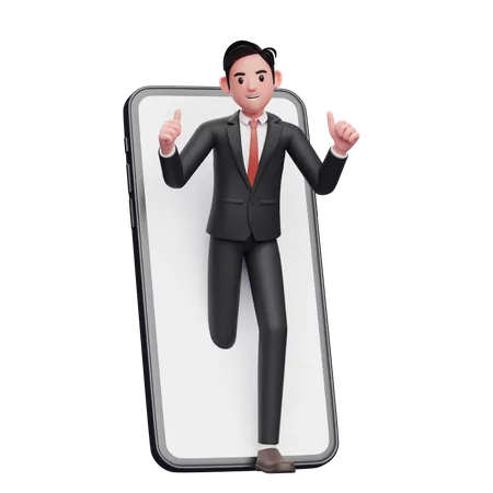Un hombre de negocios con traje formal negro aparece desde el interior de la pantalla del teléfono y levanta el pulgar  3D Illustration
