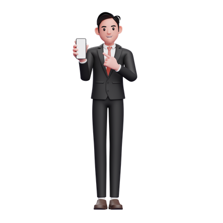 Empresario con traje formal negro apuntando a la pantalla del teléfono  3D Illustration