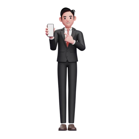 Empresario con traje formal negro apuntando a la pantalla del teléfono  3D Illustration